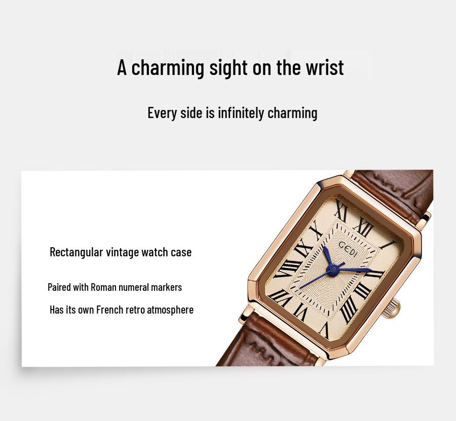 Gedi Women's Gold Square Retro Roman Numeral Leather Strap Quartz Watch – Artistic Daily Gift