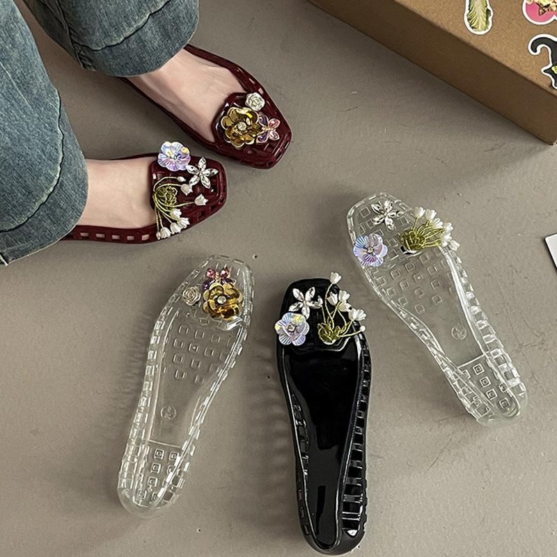 Fashion niche design grid hollow crystal sandals new summer with skirt flower transparent hole shoes