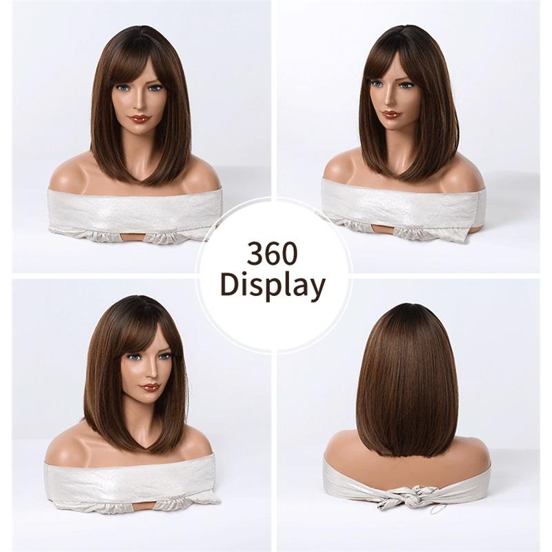 Women Short Straight Synthetic Wig with Bangs Mixed Brown Blond Wigs Daily Party Wear Synthetic Heat Resistant Fibre золотисто-коричневый