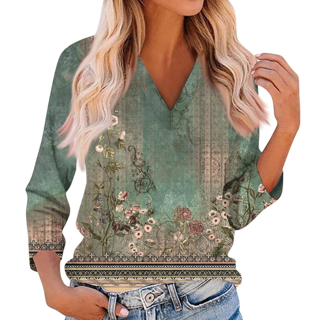 Women's Casual And Fashionable Flower Printing V-Neck Top With Seven Quarter Sleeves