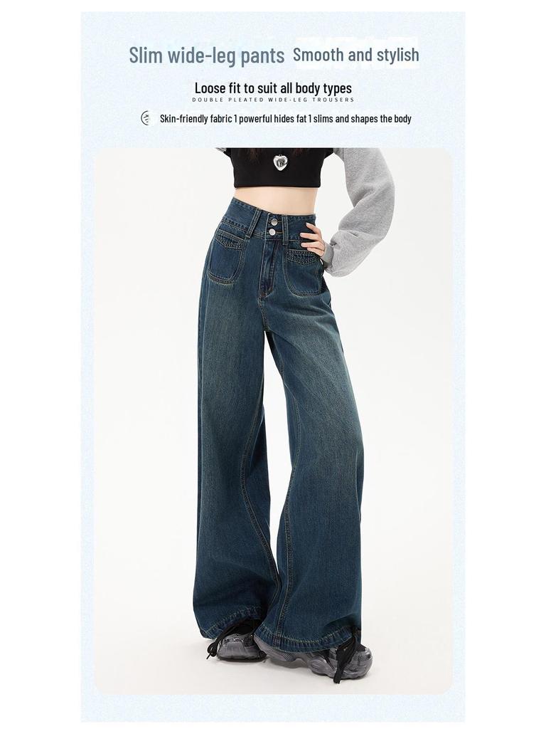Frühling 2025 Damen Dunkelblaue High-Waist Wide-Leg Jeans: Retro-inspiriert, Bodenlang, Lockerer, aber Figurbetonter Schnitt
