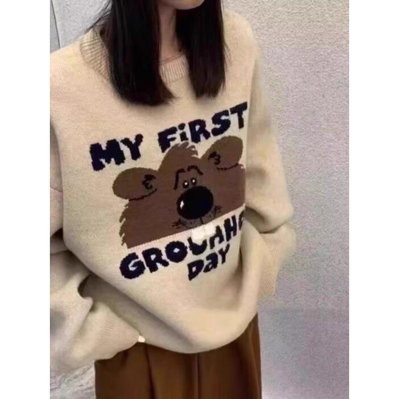 

Bear jacquard long-sleeved sweater women s clothing autumn new loose medium and long outer knitted top lazy style абрикосовый