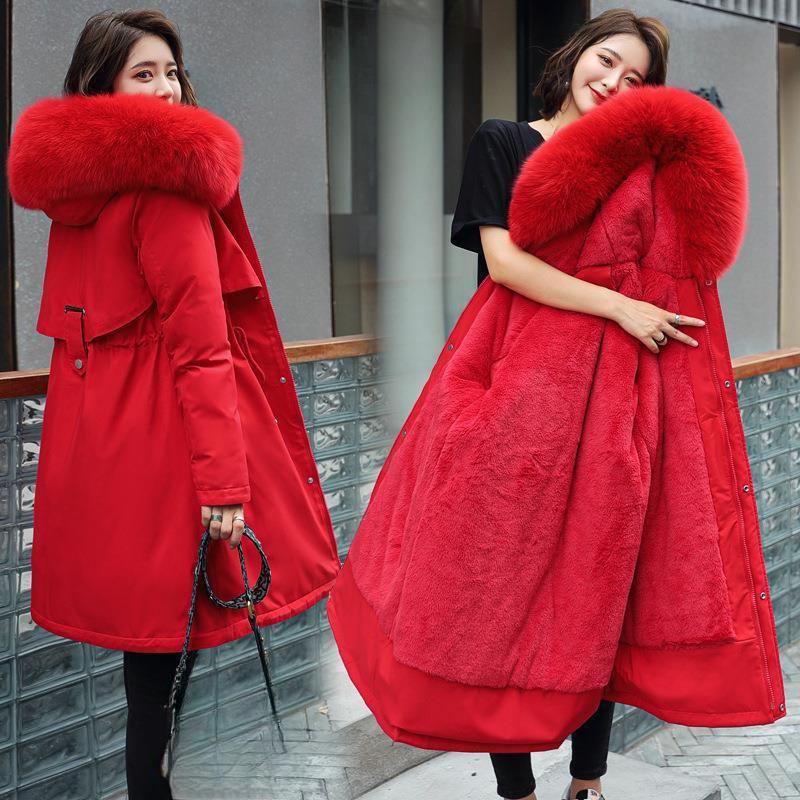 Elegant Women's Mid-Length Parka Jacket - Plus Size,Solid Color, Hooded, Polyester Material, Thickened Winter Coat with Drawstring Detail