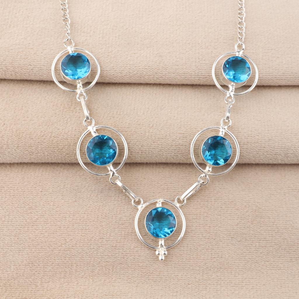 Swiss Blue Topaz Gemstone Silver Necklace, 925 Sterling Silver Topaz Necklace, Blue Topaz Handmade Women Necklace RN-2-4