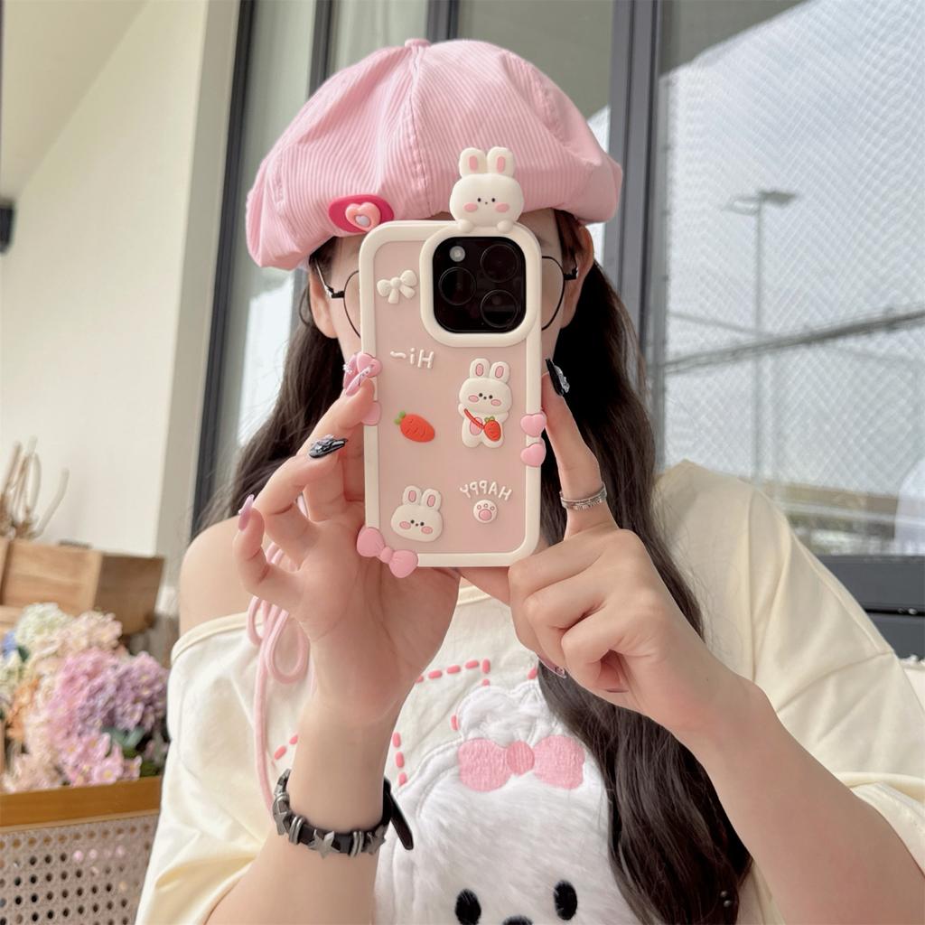 For iPhone 16 Pro Max Silicone Case Cute 3D Cartoon Carrot Rabbit Design Shockproof Phone Back Cover