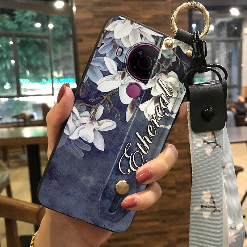 Back Cover Anti-dust Phone Case For Nokia 5.4 Wrist Strap Anti-knock Kickstand Shockproof Wristband Flower Phone Holder