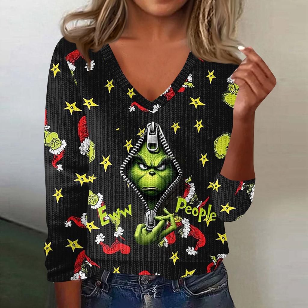 Women's Cute Sweatshirt Knitted Fashion Casual V-neck Long-sleeved  Cozy Print Top