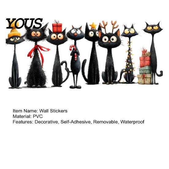 Kids Room Christmas Decorations Black Cat Wall Stickers, Self Adhesive Decals, Removable PVC Cute Holiday Theme Decals Art Decor for Bedroom