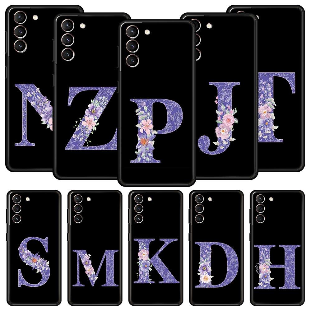 Letters Purple Flower Phone Case For Samsung Galaxy S26 Ultra S25 Plus S24 FE S23 S22 5G S21 S20 Cover Black Soft
