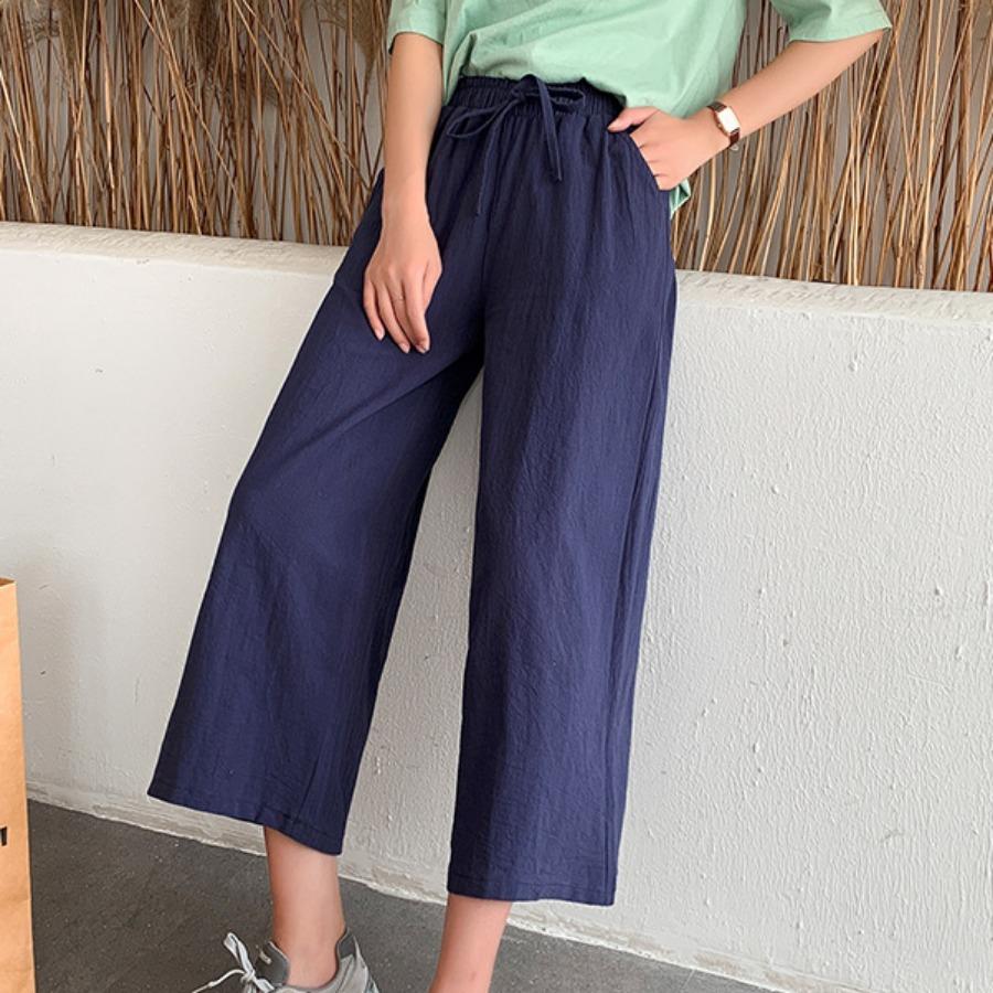 Women Summer Autumn Cotton Linen Pants High Waist Solid Color Wide Leg Cropped Pants