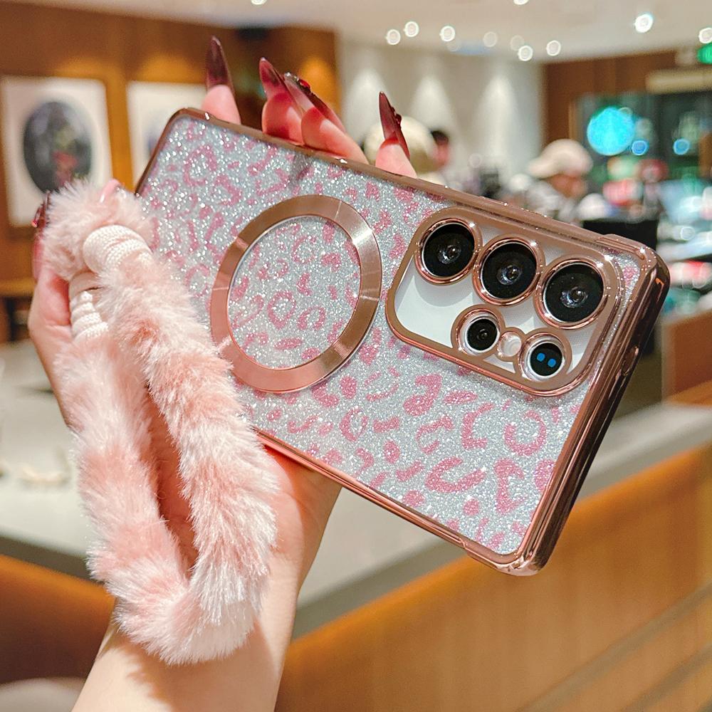 KEYSION Glitter Leopard Print Magnetic Phone Case for Samsung Galaxy S21 S22 S23 S24 S25 S26 Ultra S26+ S25 FE With Plush Lanyard Shockproof Cover