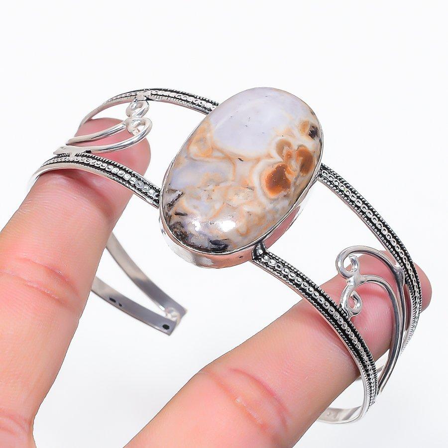 Natural Russian Dendritic Gemstone 925 Sterling Silver Cuff Bangle Adj a9v82