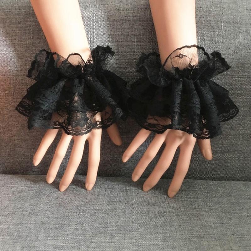 1 pair Lolita Hand Sleeve Wrist Cuffs Ruffled Floral Black Lace Elastic Bracelet Elegant Ladies Short Lace Gloves Halloween