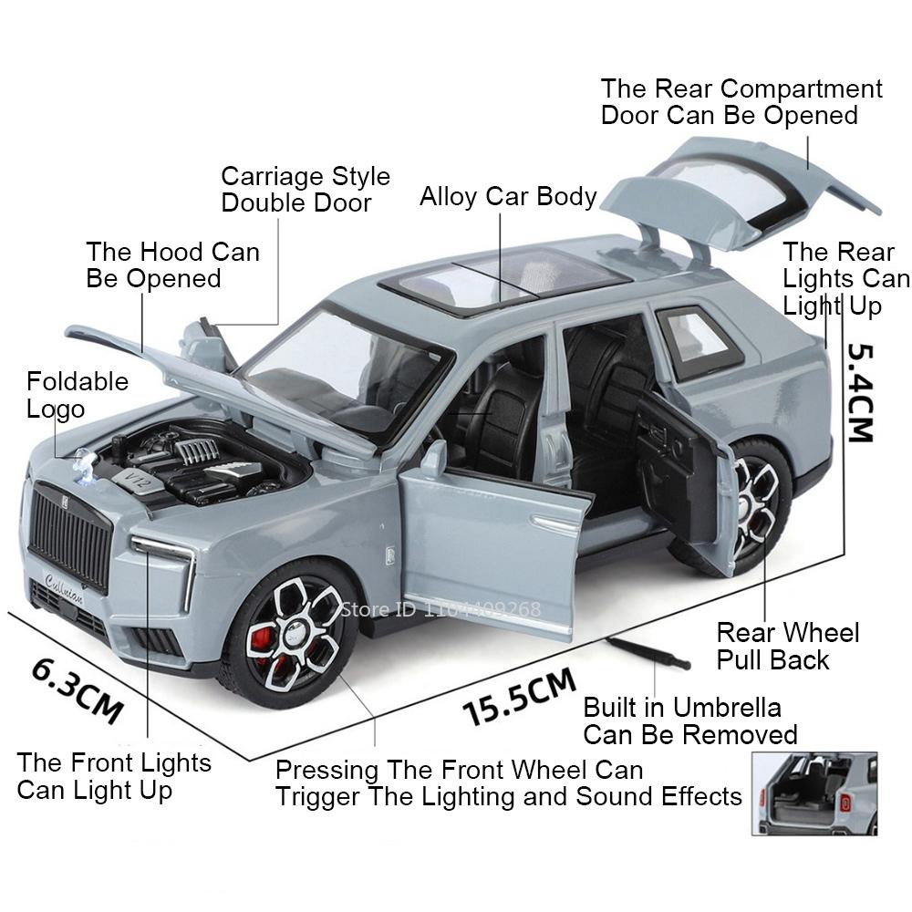 1:32 modelov áut Rolls Royce Cullinan Wraith Hračka Kovový odliatok Zvuk Svetlo Otvárateľné dvere Luxusné vozidlá Domáce dekorácie Ozdoby