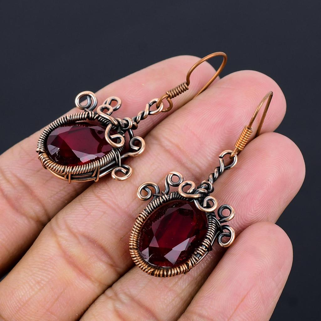 Garnet Jewelry, 999 Copper Wire Wrapped Earrings, Handmade Gemstone Jewelry Earrings For Memorial Day