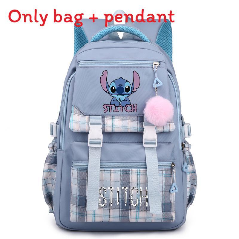 Cute Girl Backpack For School With Stitch Print And Checkered Patchwork Design For Middle School Students