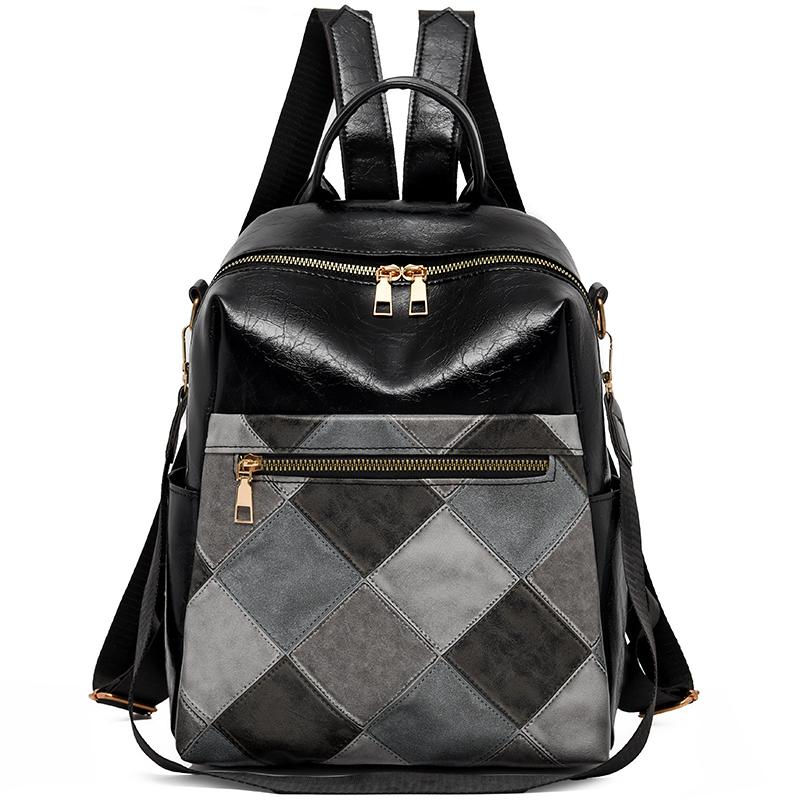 

Большая вместимость цветного блока противоугонный рюкзак женский дорожный рюкзак мягкая кожаная школьная сумка чёрный