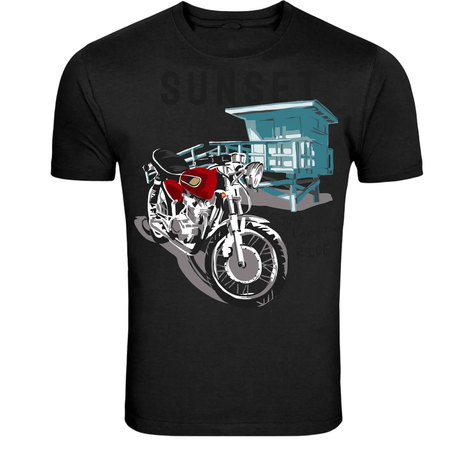 Sunset Beach Motorcycle T-Shirt - Coastal Rider Graphic Tee M