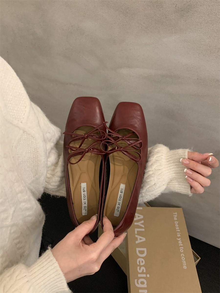 

Light mouth lace-up bow silver Mary Jane shoes spring 2024 new soft flat French evening single shoes women s shoes 40 красный
