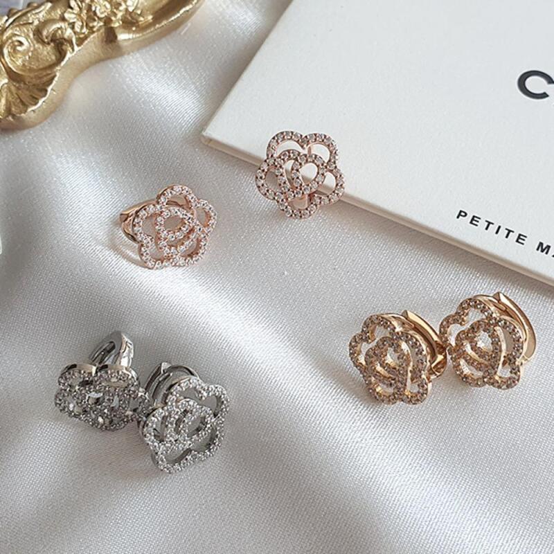 

Women s Cubic Floral Ring One-Touch Earrings A33938_Pink Gold