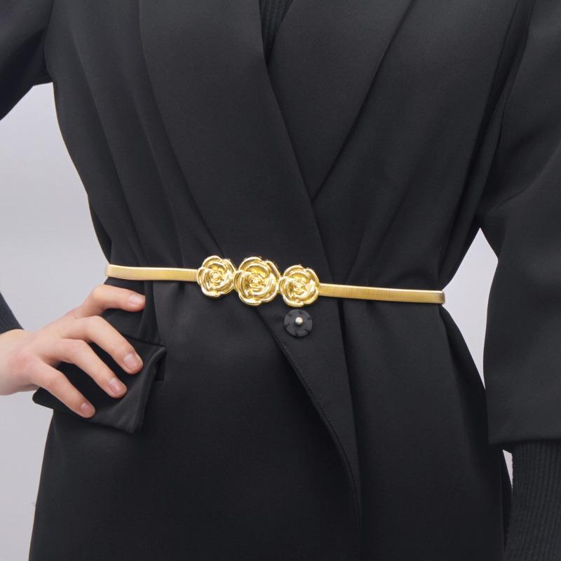 Metal Elastic Thin Waist Belt for Women with Rose Motif—Waist Chain to Accessorize Dresses Versatile Waist-Cinching Belt