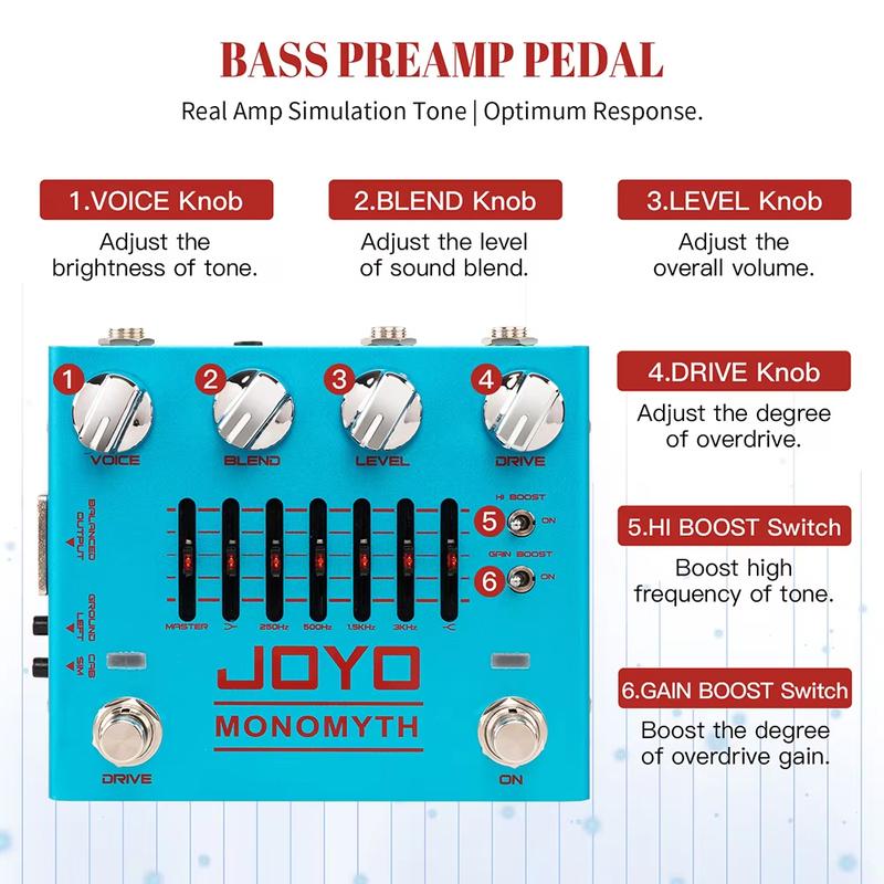 JOYO R-26 Monomyth Bass Preamp Electric Effect Pedal 6-band Graphic EQ Control Real Amplifier Tone Simulation Bass Pedal
