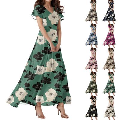 Lässiges Damenkleid mit V-Ausschnitt, kurzen Ärmeln und hoher Taille, Retro-Blumenblatt-Print
