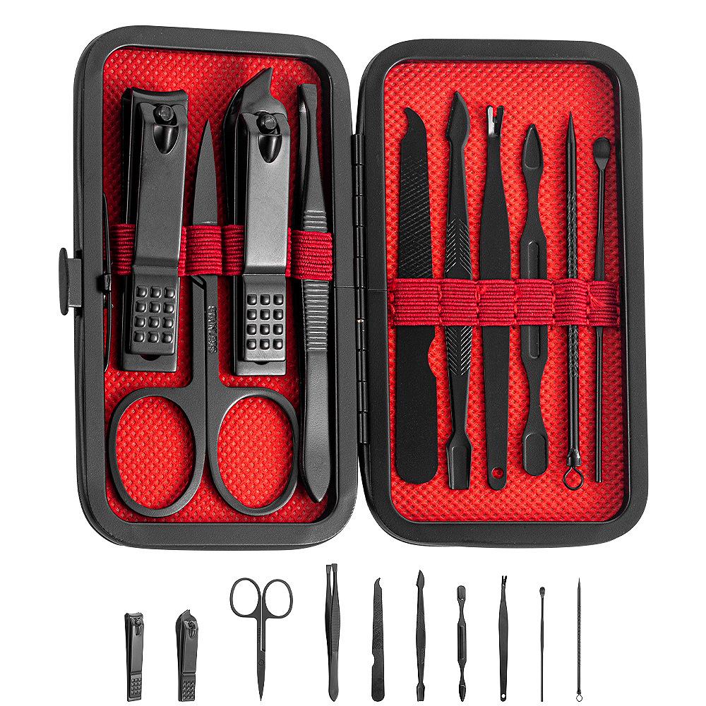 24-Piece Manicure Set: Black and Red Nails, Ear Pick, Oblique Clippers, Nose Hair Scissors, Tweezers