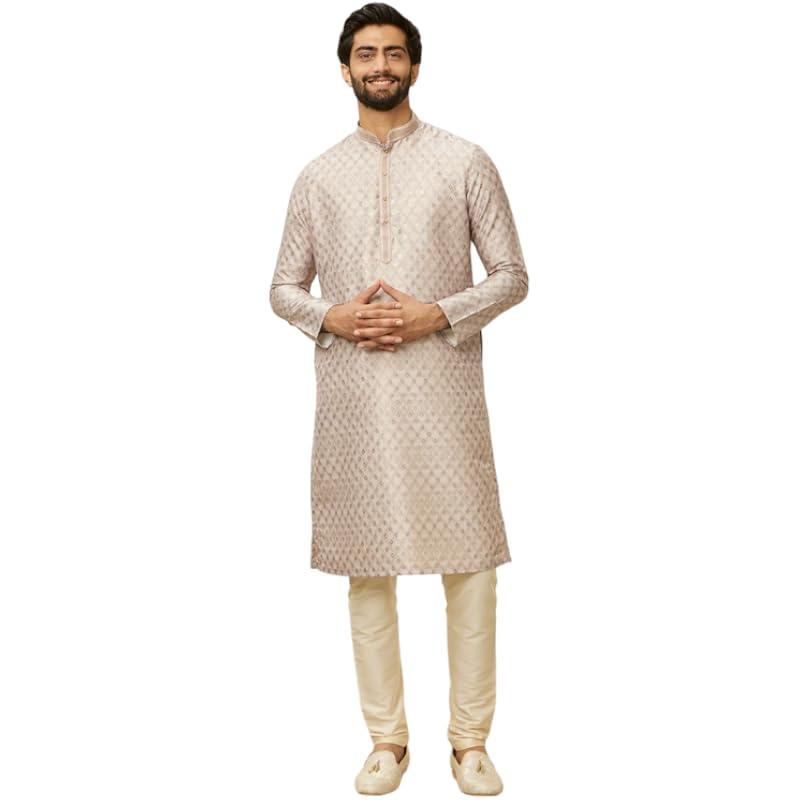 Manyavar Mens Walnut Art Silk Printed Kurta Pyjama Set