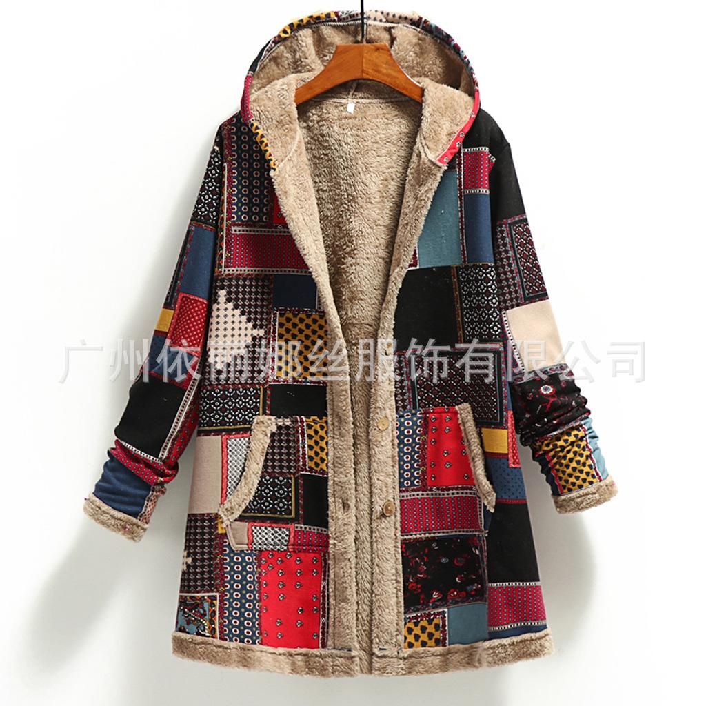 Winter explosion of new women's clothing cotton and linen printing hooded sweater warm plush jacket