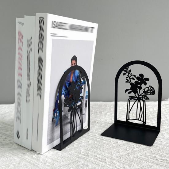 1 Pair Flower Metal Bookends Decorative Flower Vase Book Ends for Shelves Black