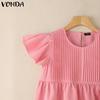 VONDA Elegant Women O Neck Short Sleeve Layers Pleating Solid Casual Blouse