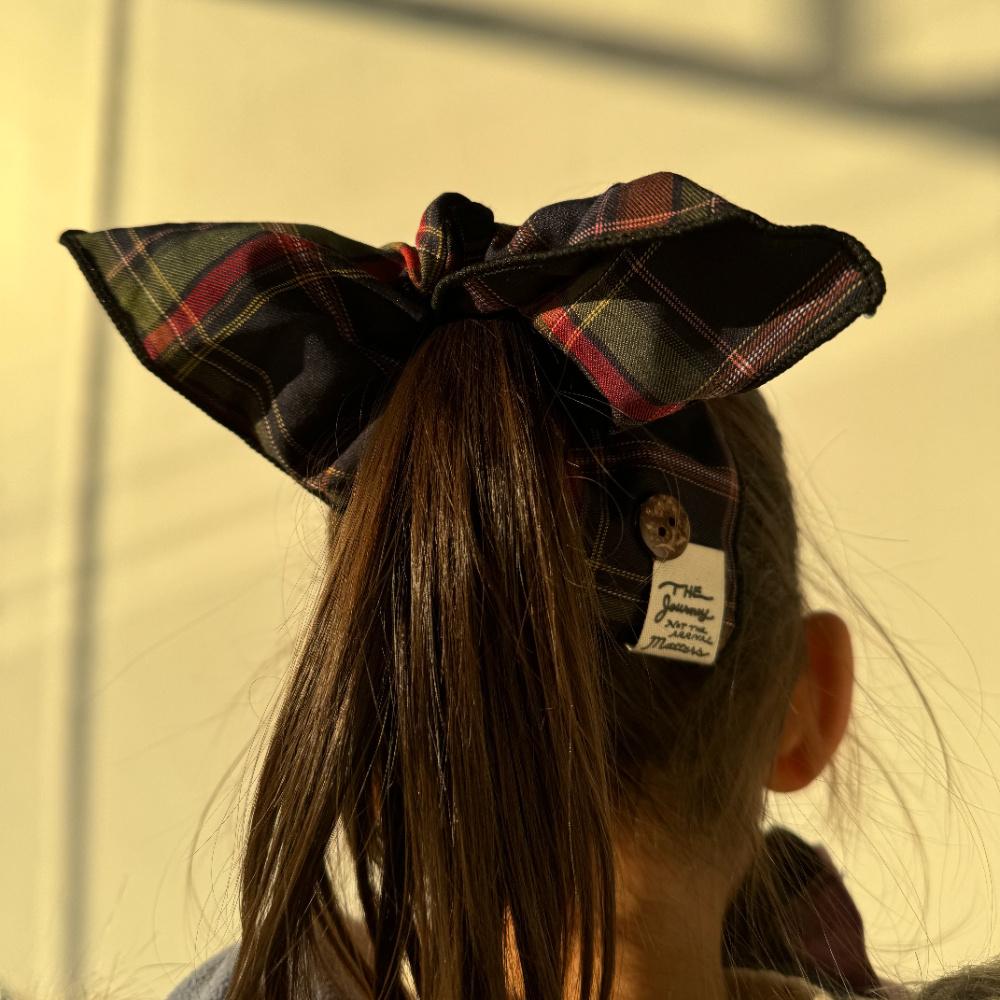 1Pc Plaid Scarf Scrunchie - British College Style, Multifunctional Button Hair Tie, Elastic Hair Rope for Low Ponytails, Hair Accessory