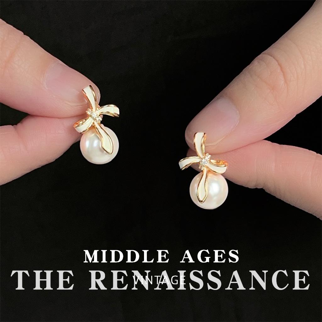 Легкая французская элегантность Жемчужные серьги-пусеты Подвесные серьги с эмалью и бантом Серьги