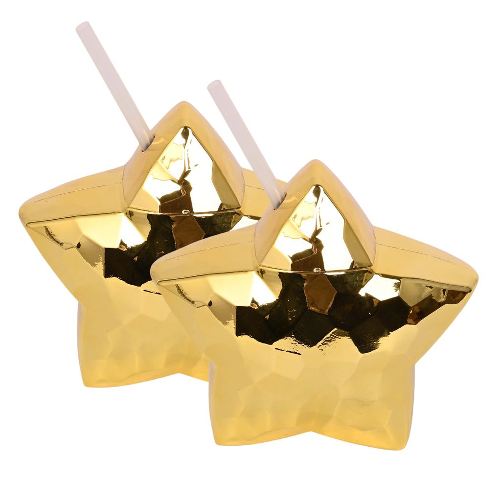 Set of 2 Plastic Straw Cup with Straw Elegant Beverage Cup Colorful Star Shaped Drinkware Water Bottle for Women Girls