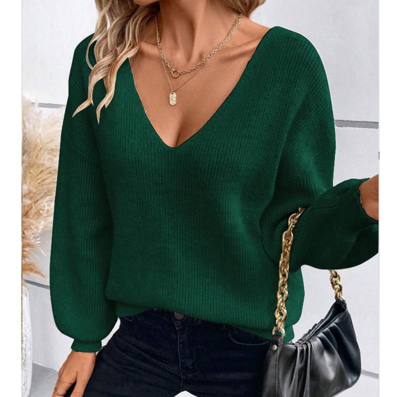 European & American V-neck Bowknot Sweater - Women's Casual Autumn/Winter Long Sleeve Loose Top
