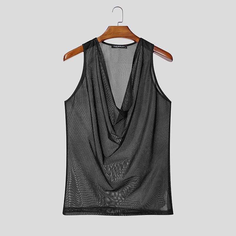 INCERUN Summer Men Swing Neck Sleeveless Hollow Out Loose Beach Holiday Tank Tops S чёрный