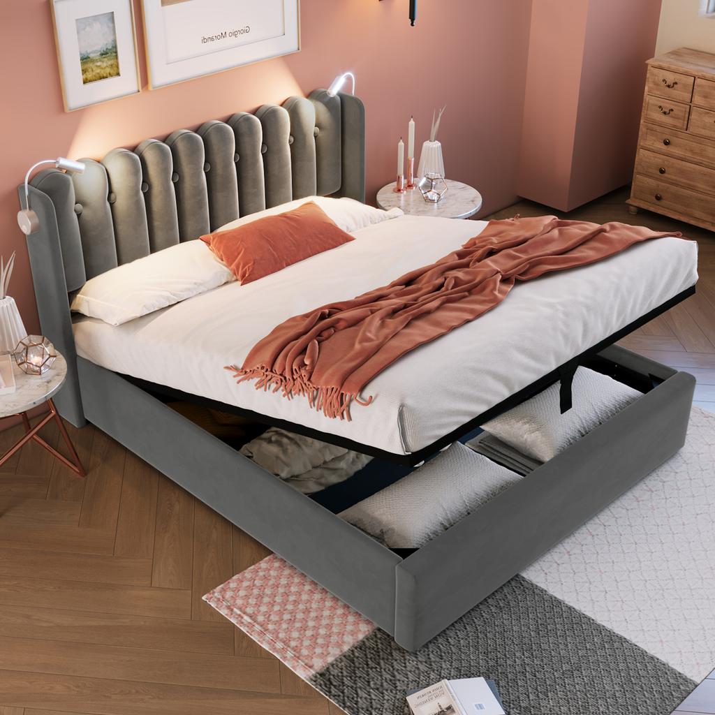 Upholstered Bed Reading Light with Charging Function Headboard Storage Bed Frame Velvet Youth Bed 160x200 with Slatted Frame, Grey (Without Mattress)
