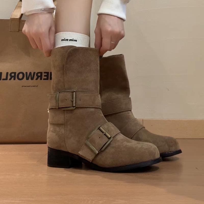 Fashion Tribe Spice Girls But Knee Round Head Knight Boots Women's 2025 Autumn and Winter New Versatile Medium Boots Fashion Boots Tide