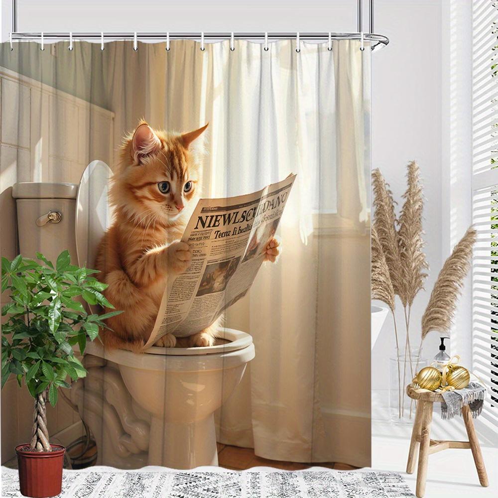 1Pc Playful Ginger Tabby Cat On Toilet Reading Newspaper Shower Curtain - Cozy Polyester Bathroom Decor Curtains For Bathroom