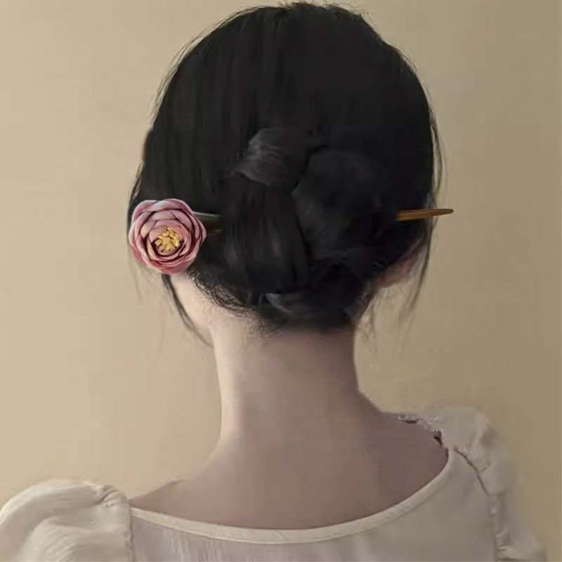 Chinesischer Stil Rosa Rosenblume Holz Haarstäbe Für Frauen Mädchen Vintage Hanfu Cheongsam Haarnadel Kopfschmuck Haaraccessoires