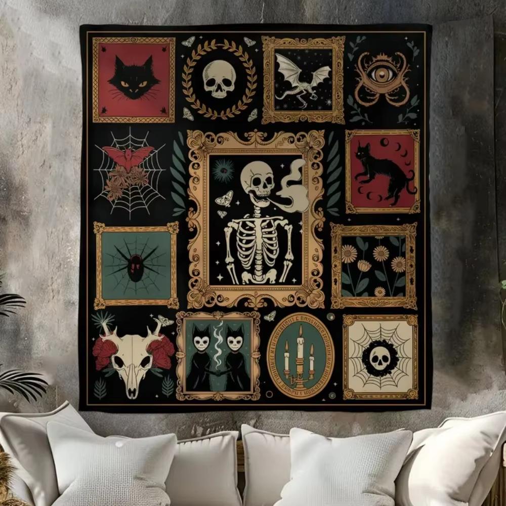 Gothic Occult Skeleton & Black Cat Tapestry Home Decoration Dark Boho Wall Hanging For Bedroom Living Room & Halloween Spaces