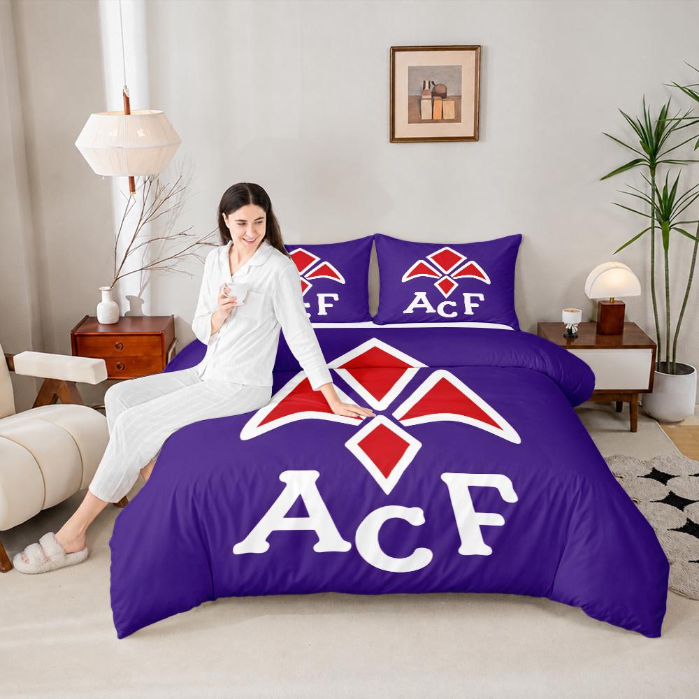 ACF Fiorentina Purple Fleur De Lis Crest 3 Piece Bedding Set, Viola Soccer Emblem Duvet Cover Set for Italian Football Fans Gift