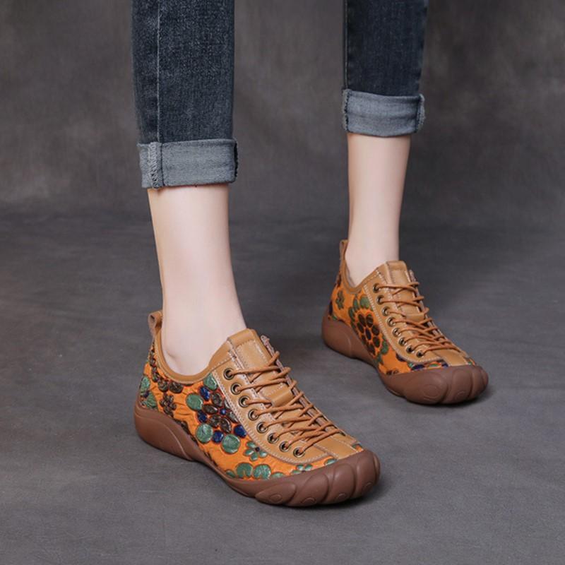 Johnature Ethnic Style Retro Handmade Genuine Leather Soft Soled Shoes Cowhide Lace-up Women's Flat Shoes