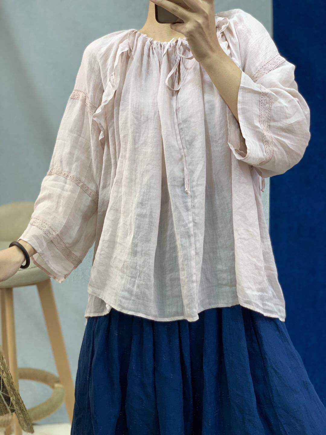 

Johnature винтажные льняные свободные женские топы, блузки, осенние льняные рубашки с круглым вырезом и длинными рукавами, однотонные рубашки с галстуком и оборками One Size розовый