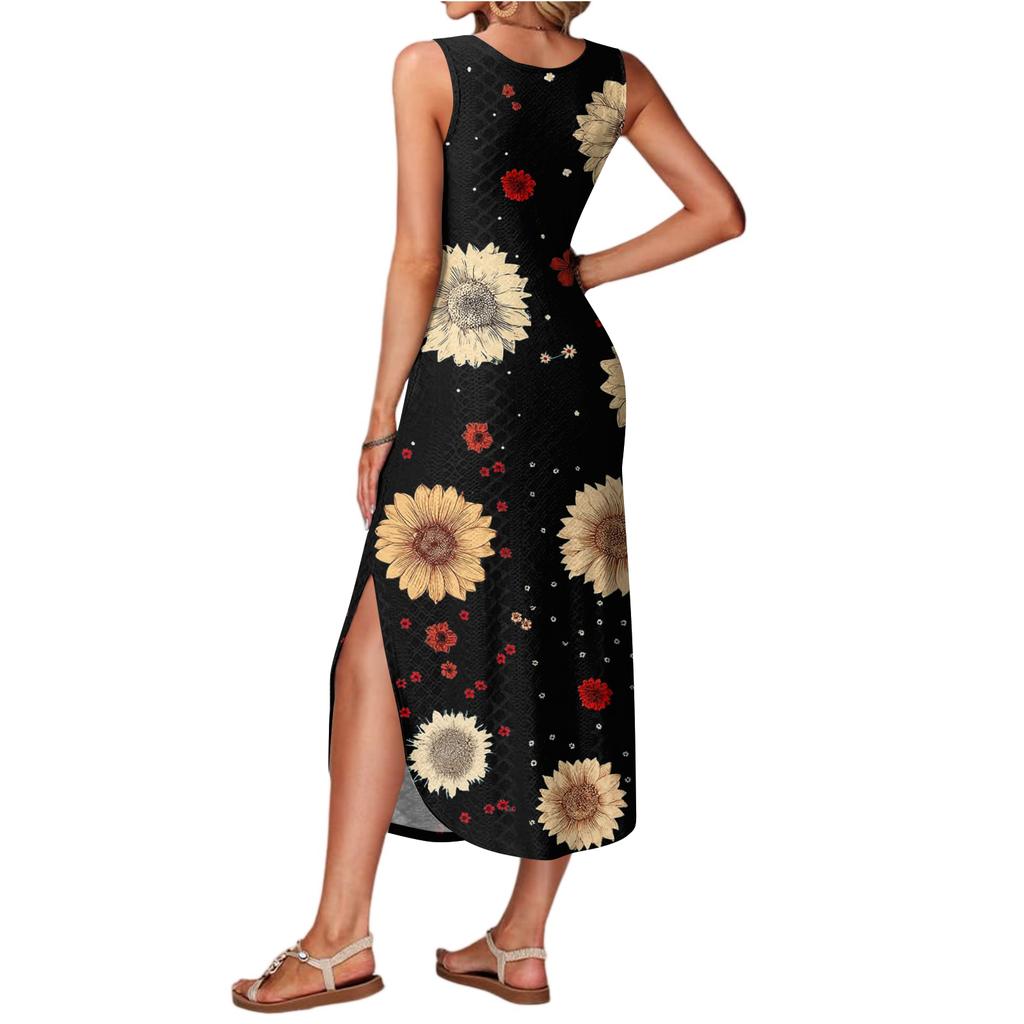 Damen Sommer Langes Kleid, Ärmellos Mit Seitenschlitzen, Langes Camisole-Kleid Mit Blumendruck