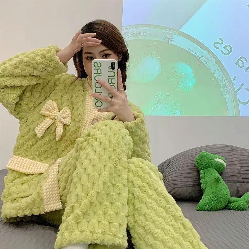 

Женская пижама осень/зима, милый и милый новый бархатный и бархатный утолщенный комплект домашней одежды зеленого авокадо, кораллового цвета M