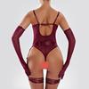 Sexy One-piece Underwear, Fun, Ultra-thin Mesh Straps, Splicing Leg Rings, Gloves, Bra Four-piece Set