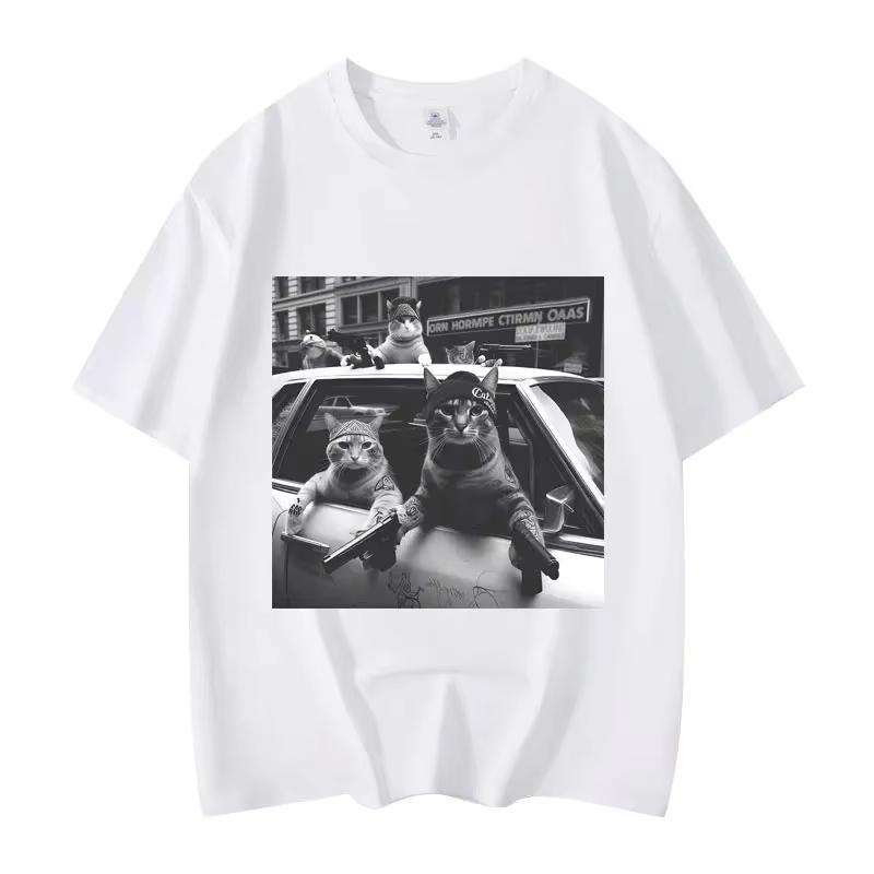 Funny Cat Gang Meme Graphic T Shirts Unisexs Womens Fashion Vintage Short Sleeve Tshirt High Quality Oversized Tshirts