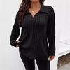 Autumn Winter New Solid Color Plus Size Women's Top V Lapel Long Sleeve Ribbed Brushed T-shirt Loose Casual